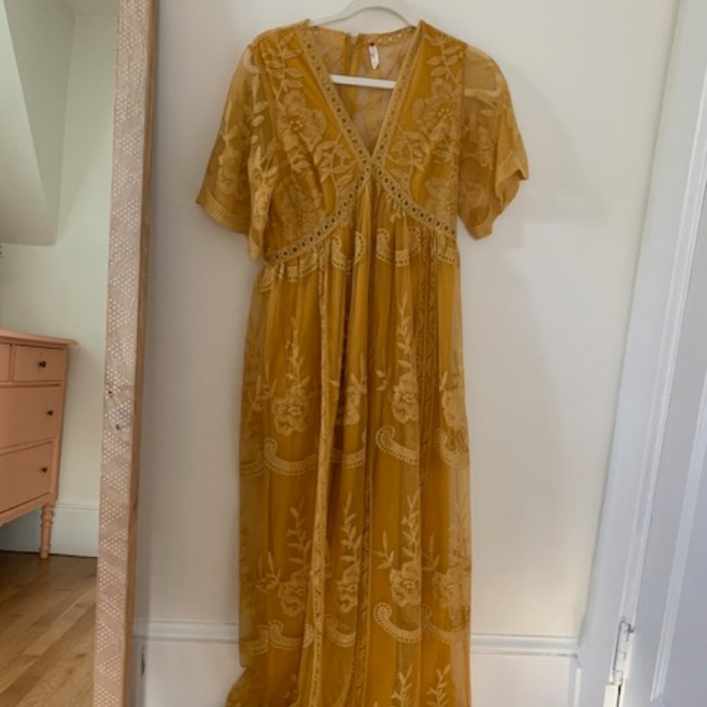 PinkBlush Mustard Lace Mesh Overlay Maternity Maxi Dress, Size Small